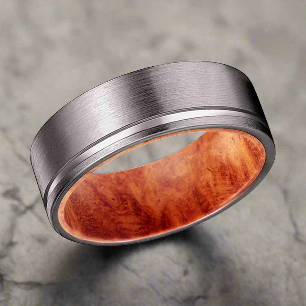 ADAR | Red Burl Wood, Gunmetal Tungsten Offset Groove - Rings - Aydins Jewelry - 2