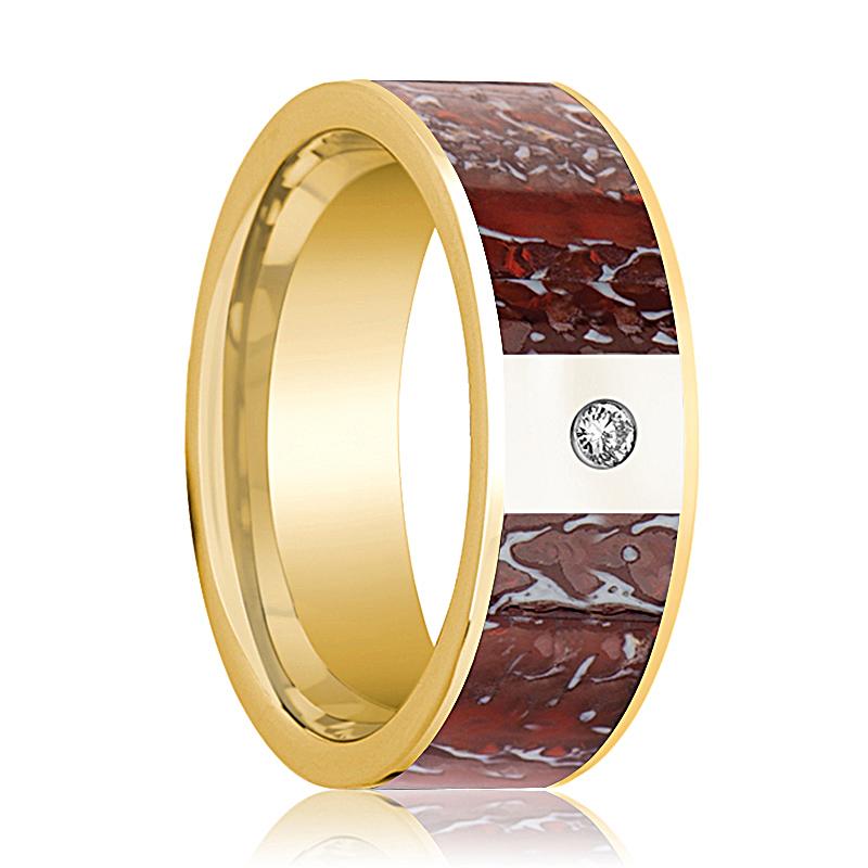 Dinosaur Bone inlay 14k yellow gold wedding band with diamond, top view