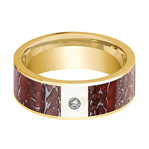 Dinosaur Bone inlay 14k yellow gold wedding band with diamond, side profile