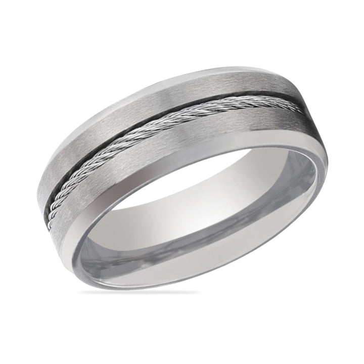 ALBERT | Silver Titanium Ring, Steel Cable Inlay, Beveled - Rings - Aydins Jewelry - 2
