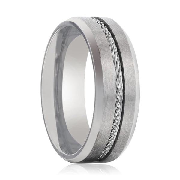 ALBERT | Silver Titanium Ring, Steel Cable Inlay, Beveled - Rings - Aydins Jewelry - 1