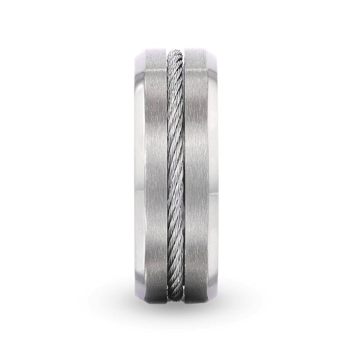 ALBERT | Silver Titanium Ring, Steel Cable Inlay, Beveled - Rings - Aydins Jewelry - 4