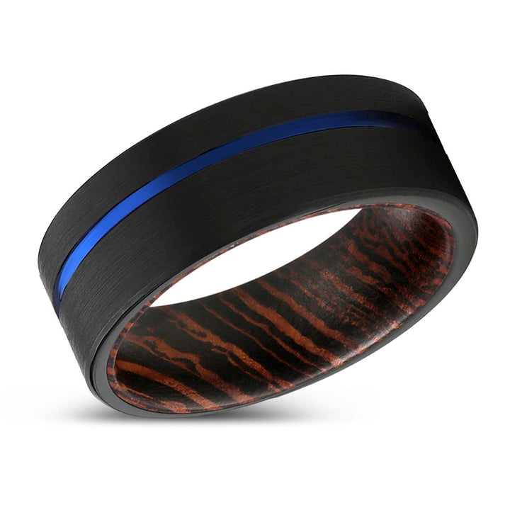 ALCEO | Wenge Wood, Black Tungsten Ring, Blue Offset Groove, Flat - Rings - Aydins Jewelry - 2