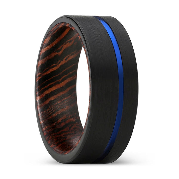 ALCEO | Wenge Wood, Black Tungsten Ring, Blue Offset Groove, Flat - Rings - Aydins Jewelry - 1