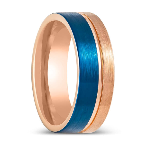ALNAIR | Rose Gold Tungsten Ring, Blue Brushed, Grooved, Flat - Rings - Aydins Jewelry - 1