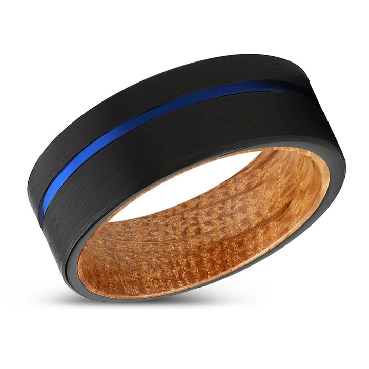 ALPHA | Whiskey Barrel Wood, Black Tungsten Ring, Blue Offset Groove, Flat - Rings - Aydins Jewelry - 2