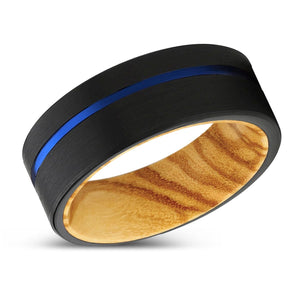 ALPINE | Olive Wood, Black Tungsten Ring, Blue Offset Groove, Flat - Rings - Aydins Jewelry - 2