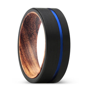 ALVARO | Zebra Wood Ring, Black Tungsten Ring, Blue Offset Groove, Flat - Rings - Aydins Jewelry - 1