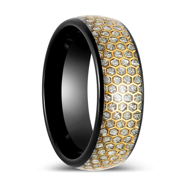 AMANA | Black Tungsten Ring, Honey Comb, Silver Meteorite Inlay, Domed - Rings - Aydins Jewelry - 1