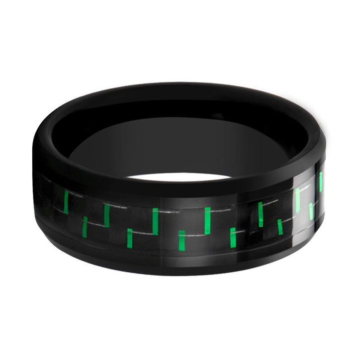 AMELL | Black Ceramic Ring, Black and Green Carbon Fiber Inlay, Beveled - Rings - Aydins Jewelry - 2