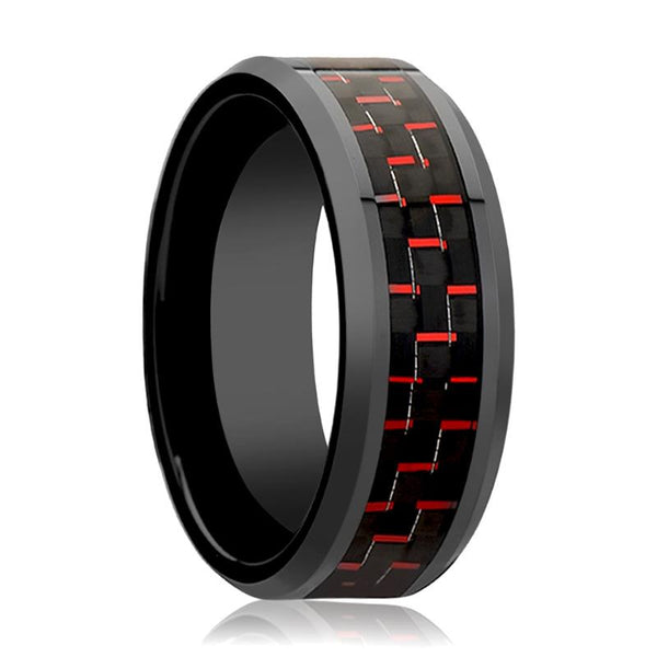 AMORY | Black Ceramic Ring, Black & Red Carbon Fiber Inlay, Beveled - Rings - Aydins Jewelry - 1