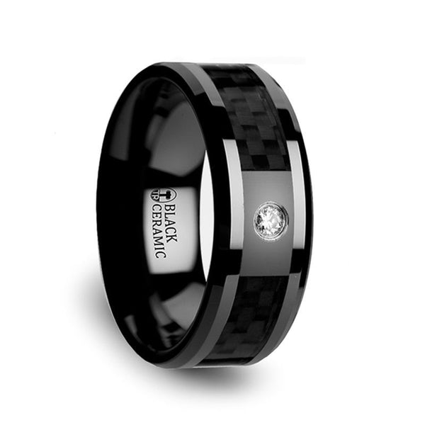 ANGUS | Black Ceramic Ring, Black Carbon Fiber Inlay, Diamond, Beveled - Rings - Aydins Jewelry - 1