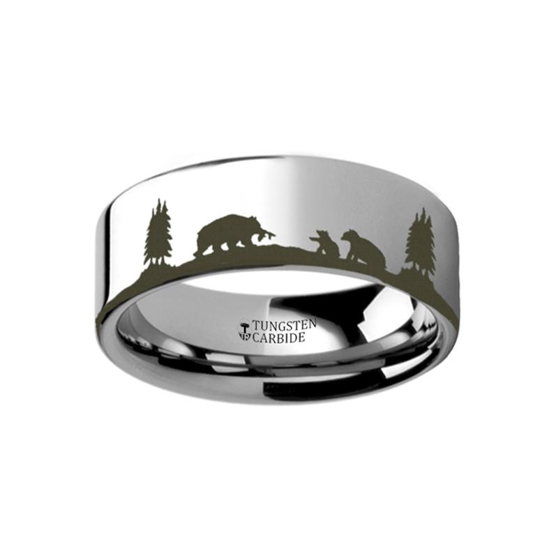 Animal Landscape Scene Bears - Bear Cubs Ring Lase Tungsten Carbide men's wedding band, image 1