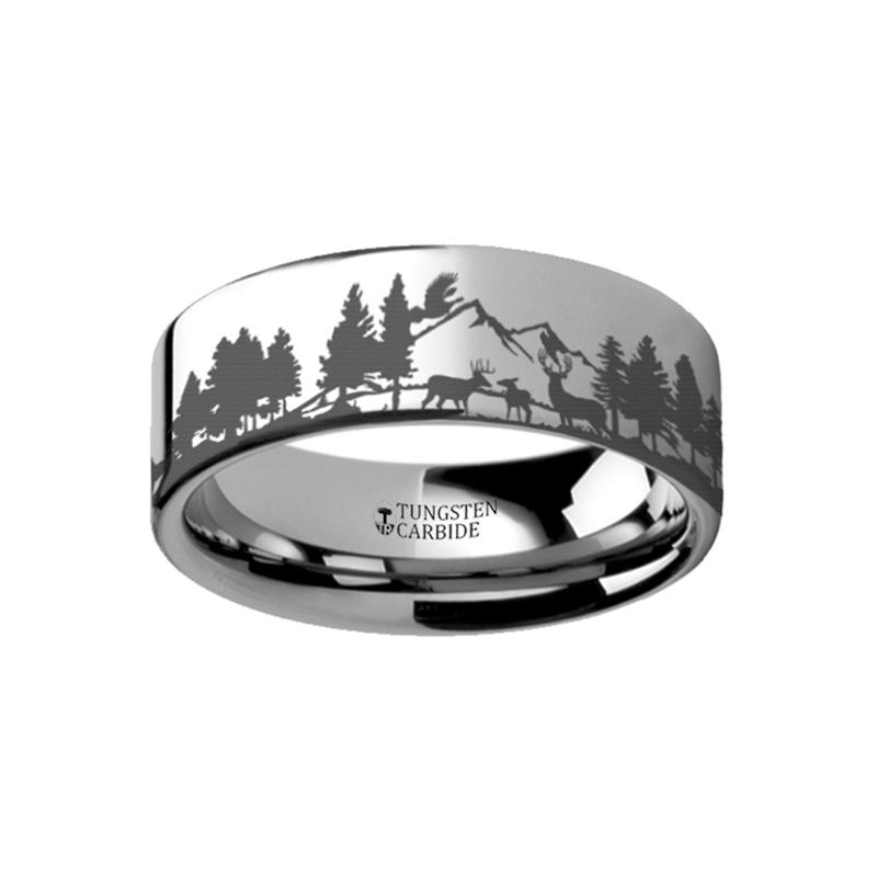 Animal Landscape Scene Reindeer Deer Stag Mountain Tungsten Carbide men's wedding band, image 1