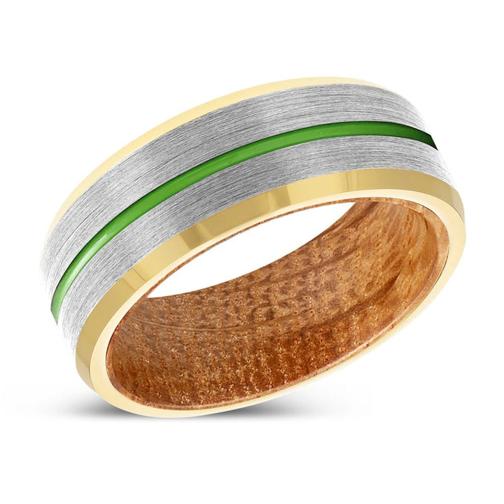 ARCHANGEL | Whiskey Barrel Wood, Silver Tungsten Ring, Green Groove, Gold Beveled Edge - Rings - Aydins Jewelry - 2