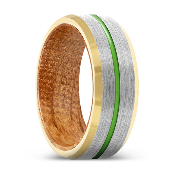 ARCHANGEL | Whiskey Barrel Wood, Silver Tungsten Ring, Green Groove, Gold Beveled Edge - Rings - Aydins Jewelry - 1