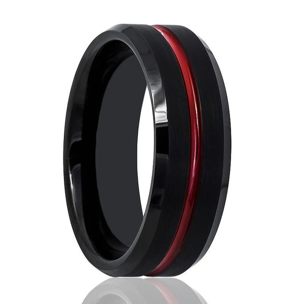 ATEN | Black Tungsten Ring, Red Groove, Beveled - Rings - Aydins Jewelry - 1