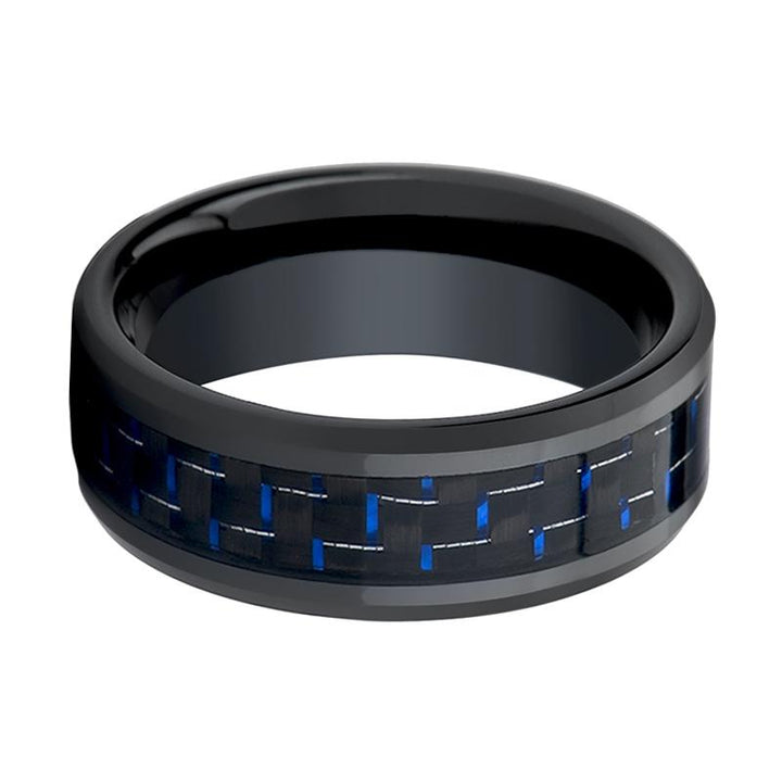 AVITUS | Black Ceramic Ring, Blue & Black Carbon Fiber Inlay, Beveled - Rings - Aydins Jewelry - 2