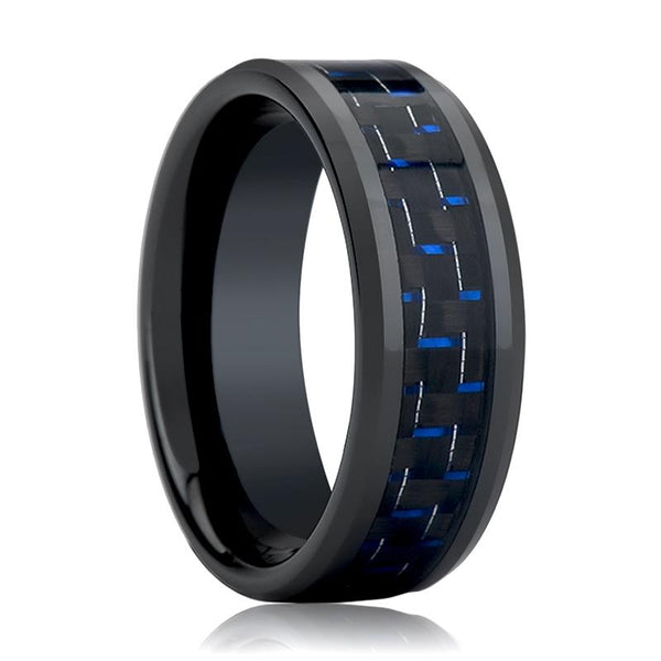 AVITUS | Black Ceramic Ring, Blue & Black Carbon Fiber Inlay, Beveled - Rings - Aydins Jewelry - 1