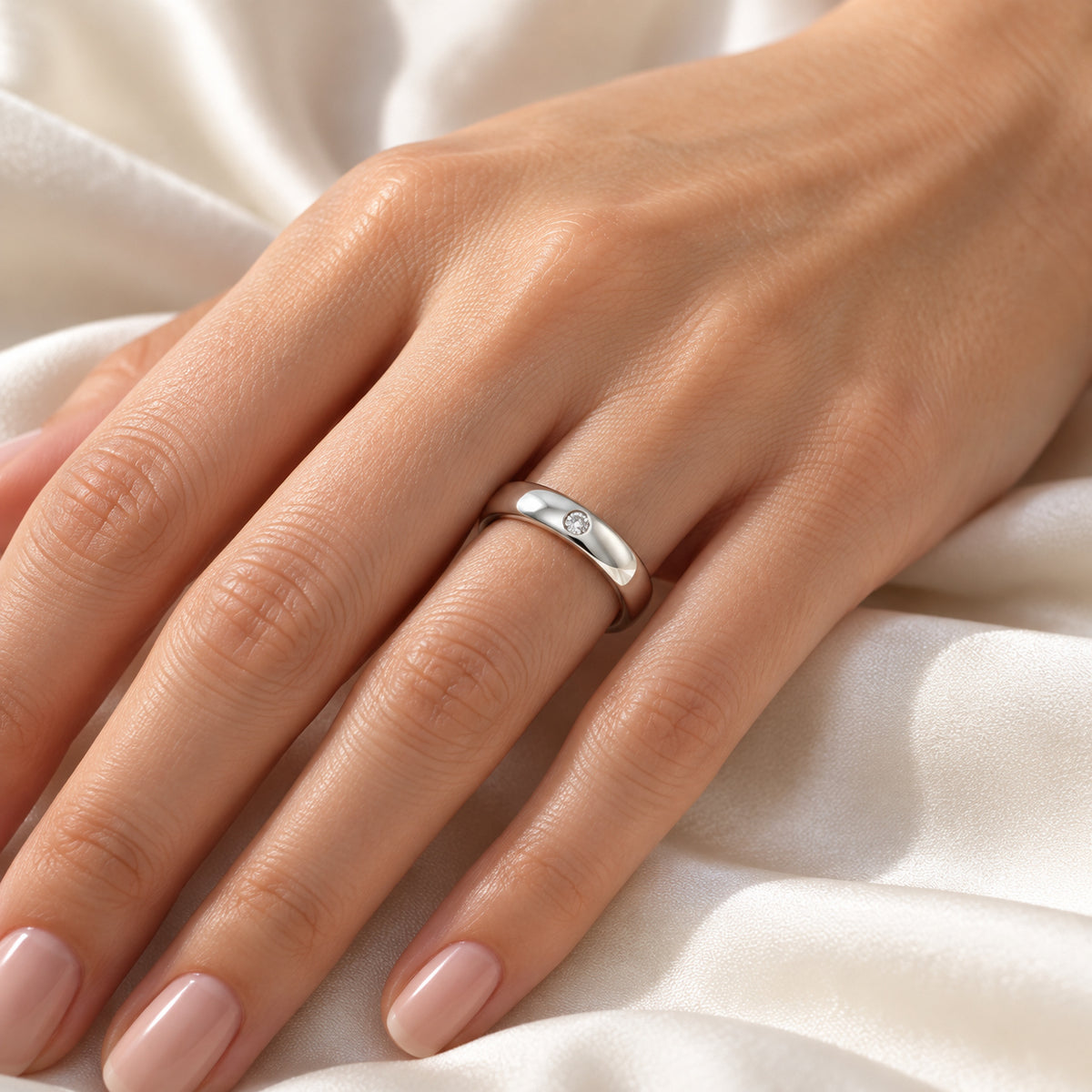 GALE domed tungsten band with white diamond, on hand