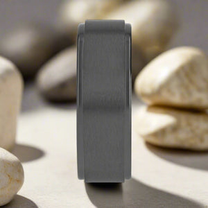 Close-up of BABYLON ring's brushed center and stepped edges for a modern look