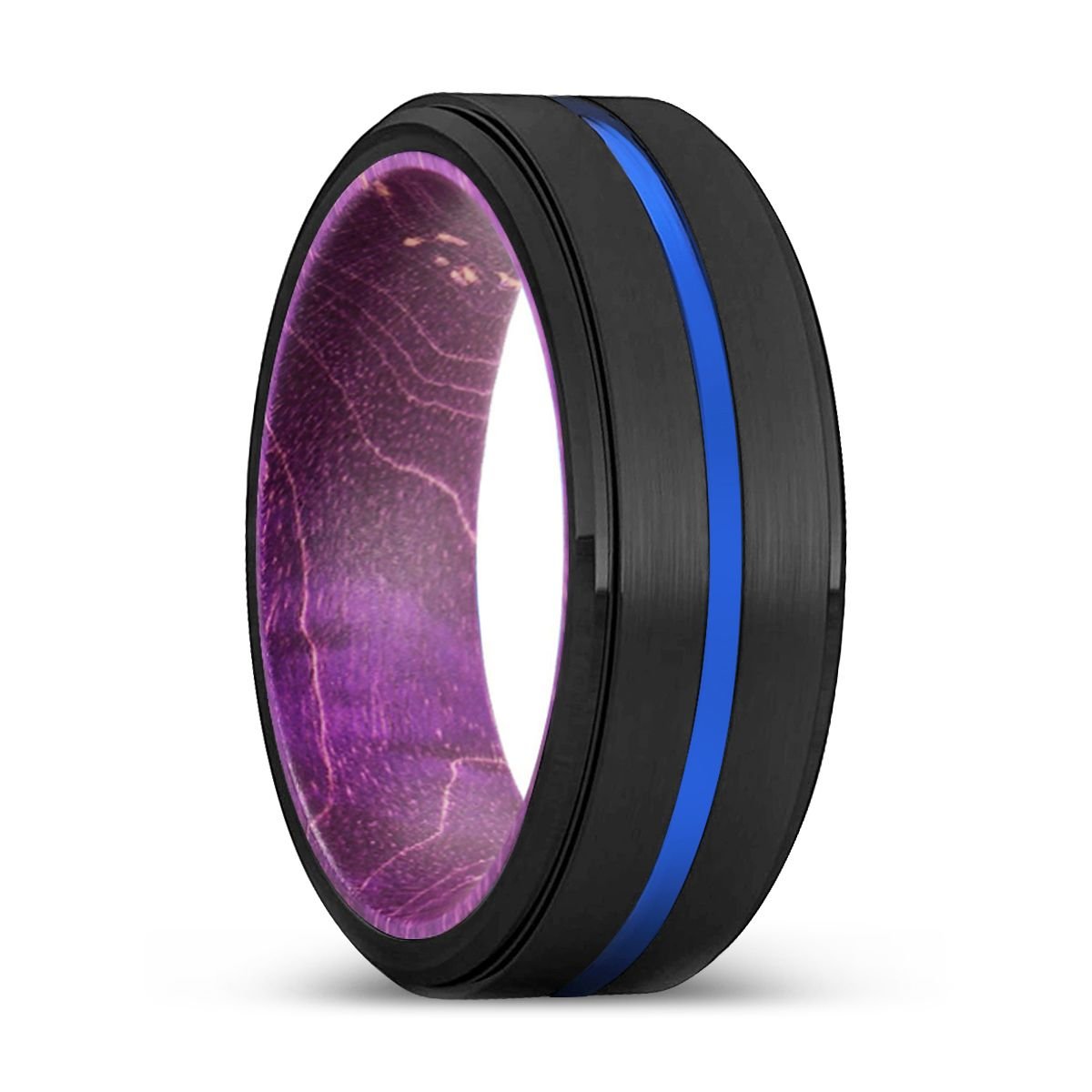 BADGER | Purple Wood, Black Tungsten Ring, Blue Groove, Stepped Edge - Rings - Aydins Jewelry - 1
