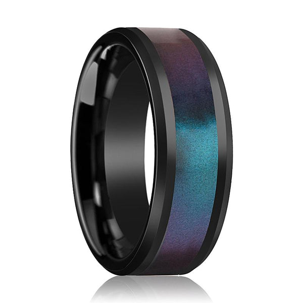 BARRACUDA | Black Ceramic Ring, Blue & Purple Color Changing Inlay, Beveled - Rings - Aydins Jewelry - 1