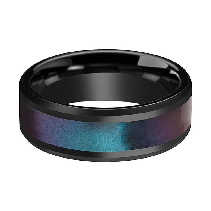 BARRACUDA | Black Ceramic Ring, Blue & Purple Color Changing Inlay, Beveled - Rings - Aydins Jewelry - 2