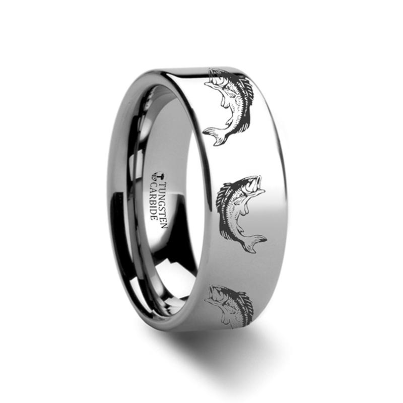 Bass Fish Jumping Sea Pattern Print Engraved Flat Tungsten Carbide men's wedding band, image 1