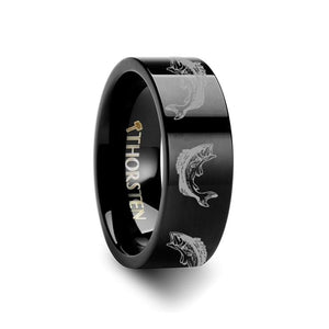 Bass Fish Jumping Sea Pattern Print Engraved Flat Tungsten Carbide men's wedding band, image 2