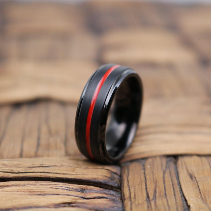 BATMOBILE | Black Ring, Black Tungsten Ring, Red Groove, Stepped Edge - Rings - Aydins Jewelry - 5