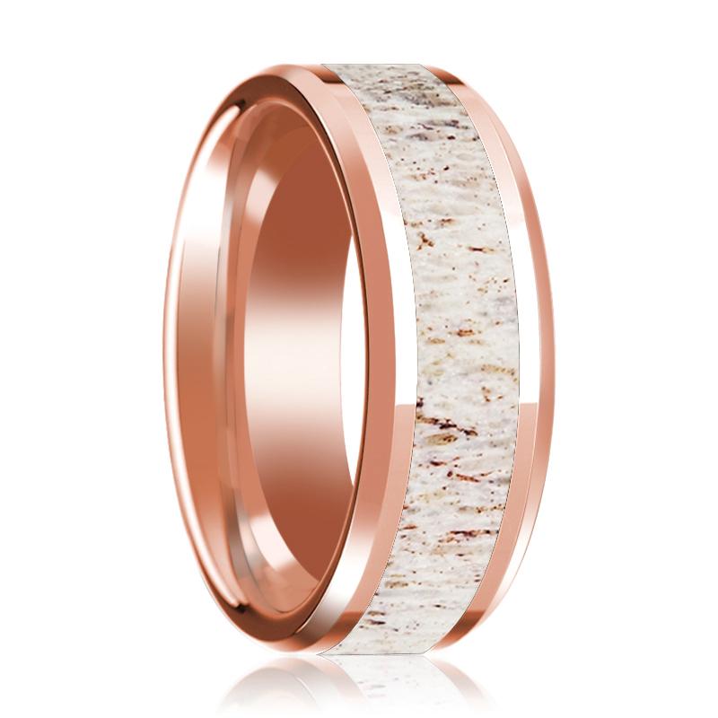 Deer Antler inlay 14k rose gold wedding band 8mm, top view