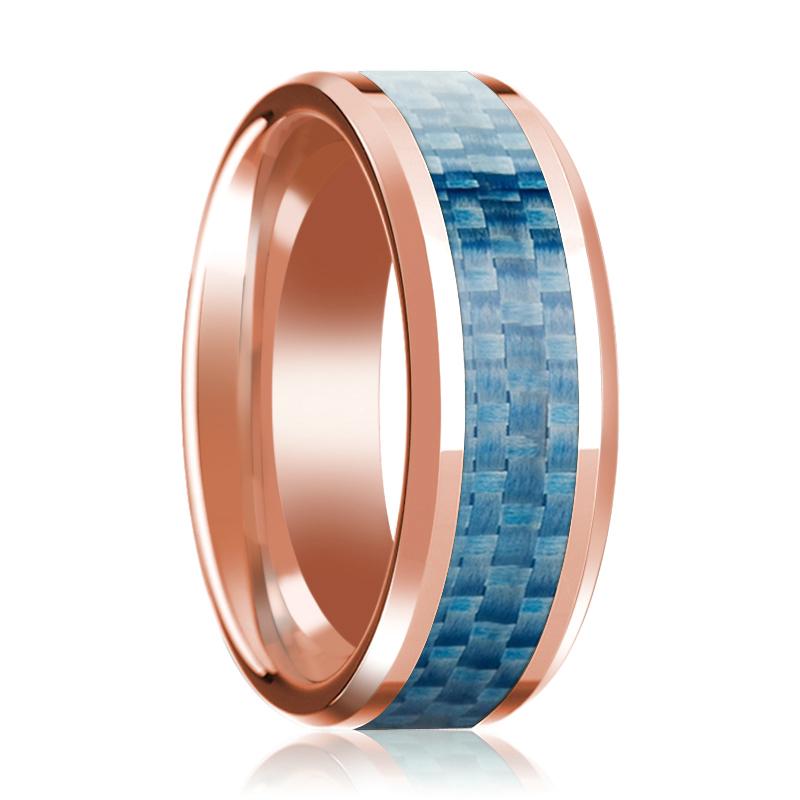 Blue Carbon Fiber inlay 14k rose gold wedding band 8mm, top view
