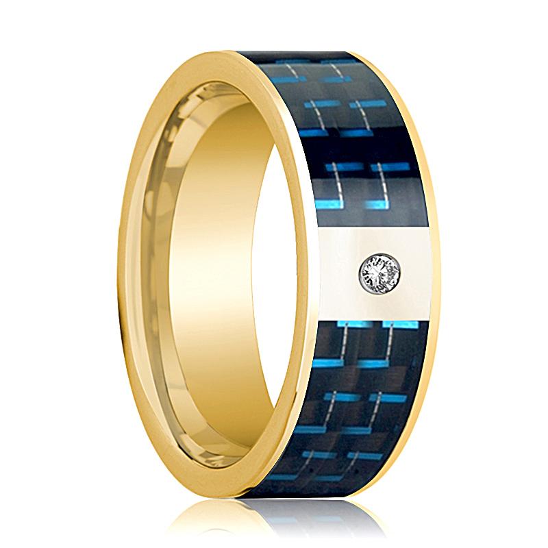 Blue Carbon Fiber inlay 14k yellow gold wedding band 8mm with diamond, top view