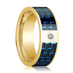 Blue Carbon Fiber inlay 14k yellow gold wedding band 8mm with diamond, top view
