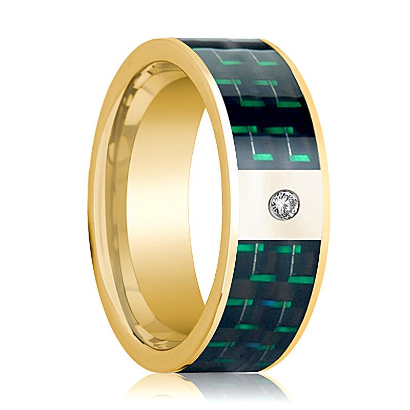 Green Carbon Fiber inlay 14k yellow gold wedding band 8mm with diamond, top view