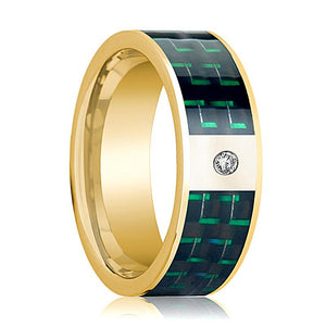 Green Carbon Fiber inlay 14k yellow gold wedding band 8mm with diamond, top view