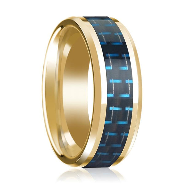 Black & Blue Carbon Fiber Inlaid 14k Yellow Gold Polished Wedding Band with Beveled Edges - 8MM - Rings - Aydins Jewelry - 1
