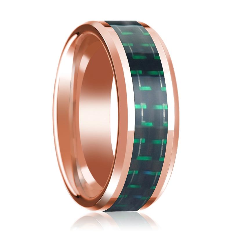 Green Carbon Fiber inlay 14k rose gold wedding band 8mm, top view
