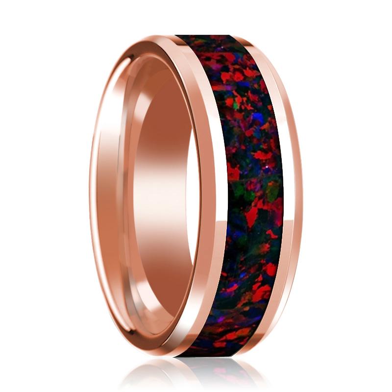 Red Opal inlay 14k rose gold wedding band 8mm, top view