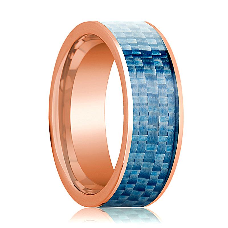 Blue Carbon Fiber inlay 14k rose gold wedding band 8mm, top view