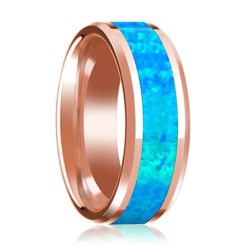 Blue Opal inlay 14k rose gold wedding band 8mm, top view
