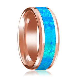 Blue Opal inlay 14k rose gold wedding band 8mm, top view