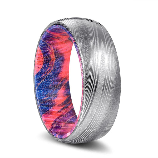 BLUEHAWK | Blue and Red Wood, Silver Damascus Steel, Domed - Rings - Aydins Jewelry - 1