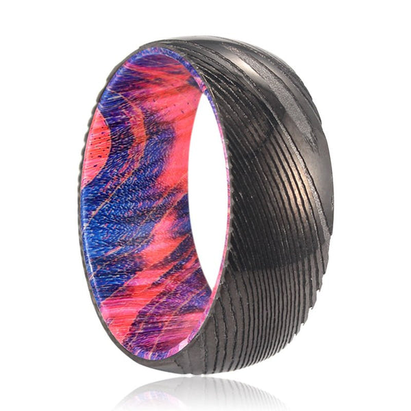 BLUEJAY | Blue & Red Wood, Gunmetal Damascus Steel Ring, Domed - Rings - Aydins Jewelry - 1