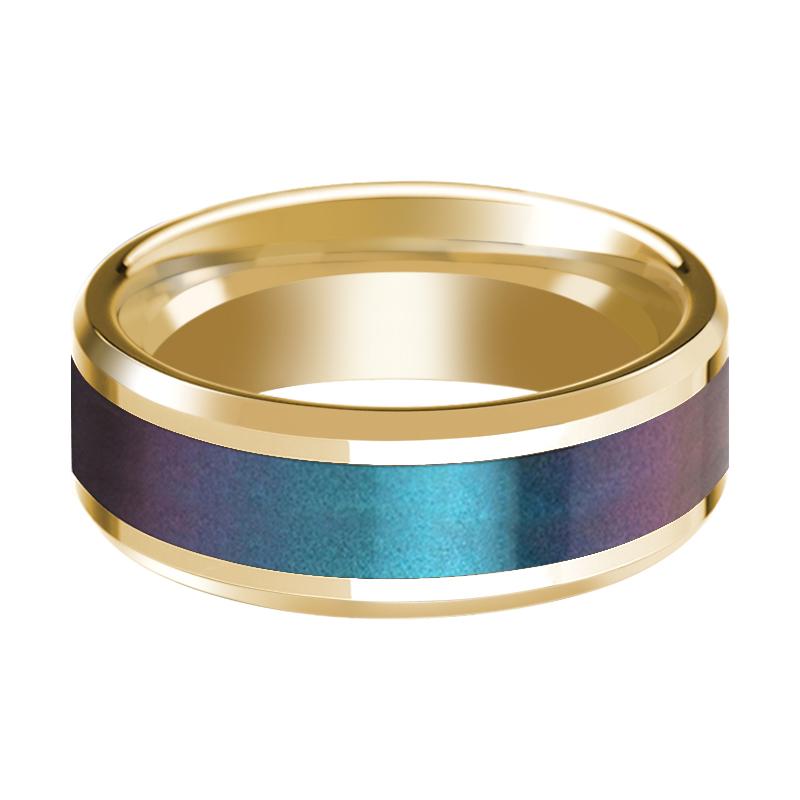 Color-Changing Opal inlay 14k yellow gold wedding band 8mm, side profile
