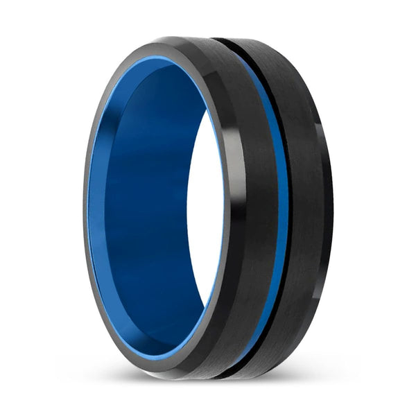 BLUEWAVE - Blue Tungsten Ring, Black Brushed, Blue Grooved Center - Rings - Aydins Jewelry - 1
