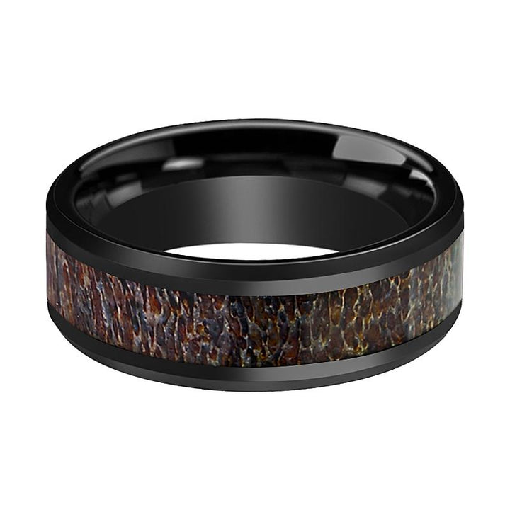 BONY | Black Ceramic Ring, Dark Brown Antler Inlay, Beveled - Rings - Aydins Jewelry - 2