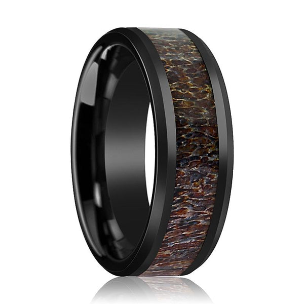 BONY | Black Ceramic Ring, Dark Brown Antler Inlay, Beveled - Rings - Aydins Jewelry - 1