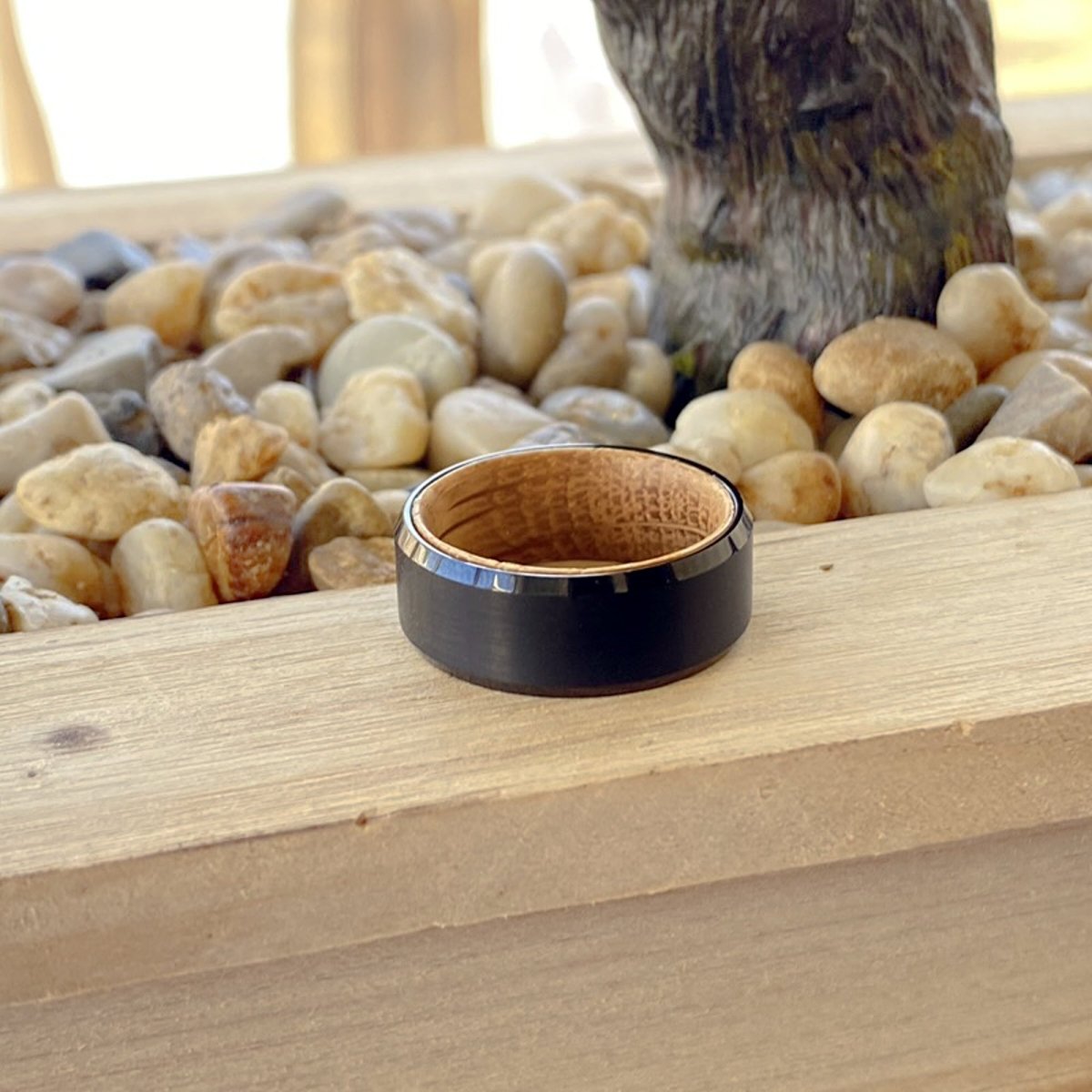 BOWMAN | Whiskey Barrel Wood, Black Tungsten Ring, Brushed, Beveled - Rings - Aydins Jewelry - 5